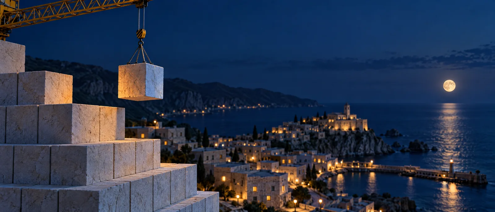 A pale stone block hanging from the hook of a crane, beside a wall of the same blocks, above a lit town at night.